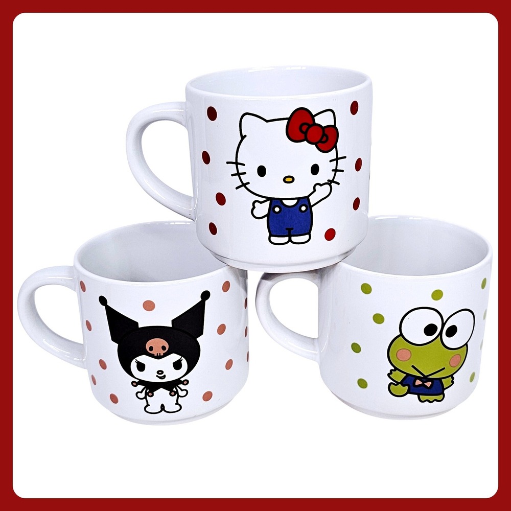 Sanrio Hello Kitty Kuromi Keroppi Ceramic 3 Mug Set‎ Silver Buffalo 10oz New